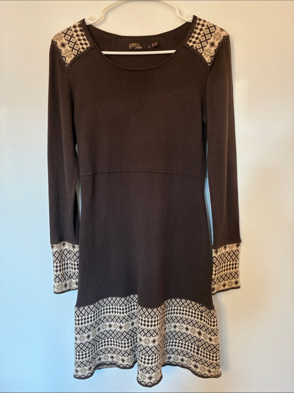 Prana Brown Midi Dress with Cream Fair Isle Accents Wool, Cashmere, Cotton mix.